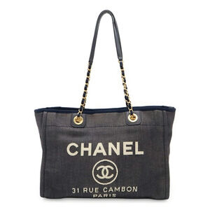 CHANEL Deauville Line Tote MM Medium Bag Shoulder Chain Denim Navy A67001